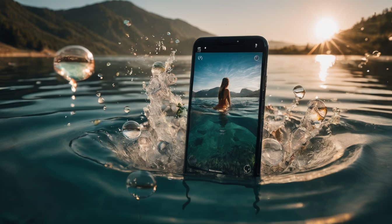 A submerged phone in a pool with floating bubbles.